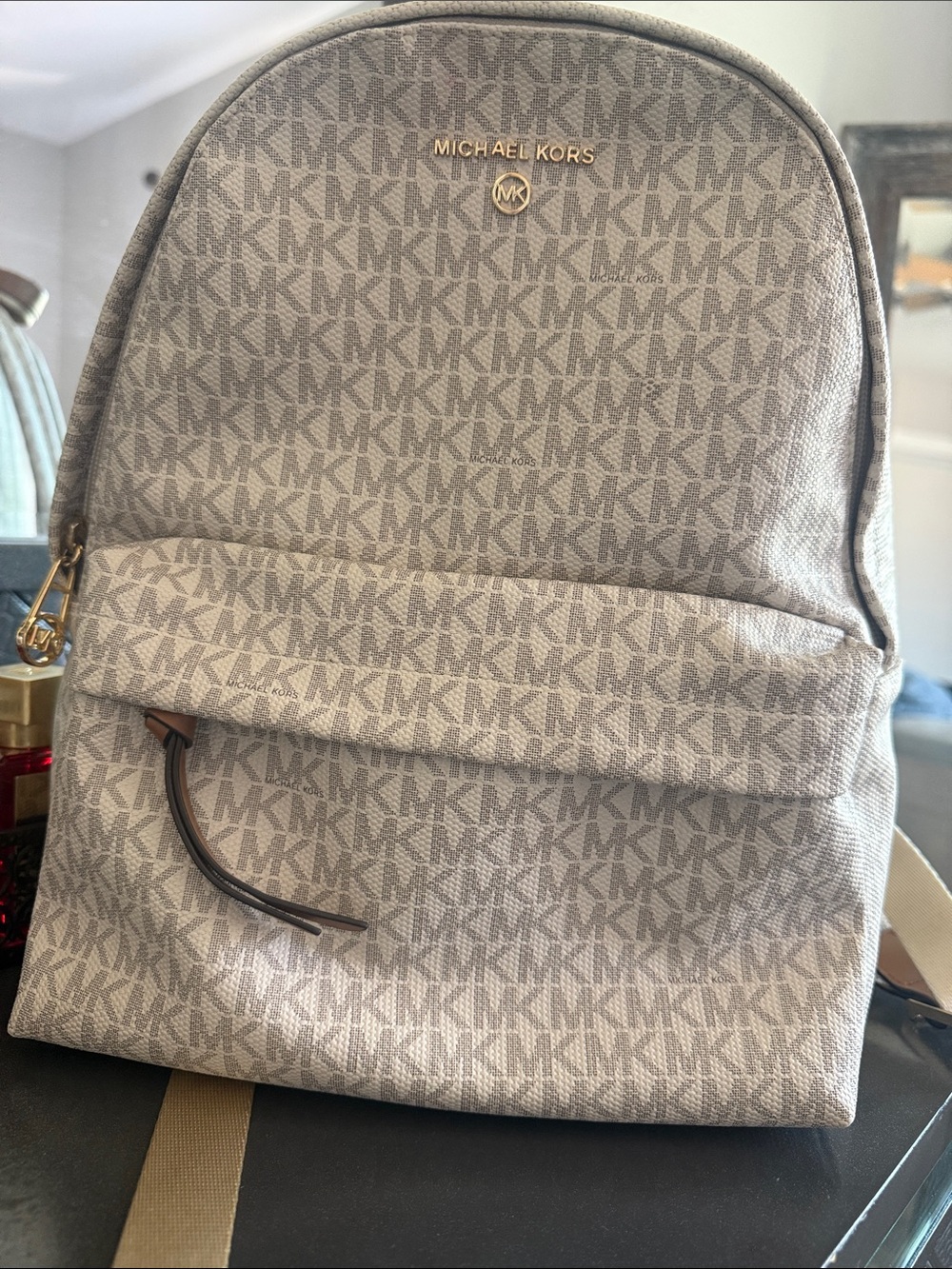 Michael Kors Beige/Taupe Monogram Backpack with Gold Logo
